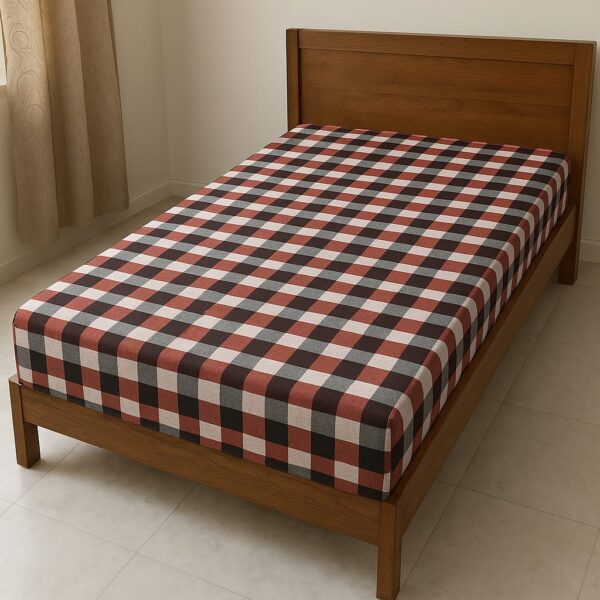 Rustic Brown & Red Checkered Fitted Mattress Cover – 100% Cotton | Elegant & Snug Fit - Image 2