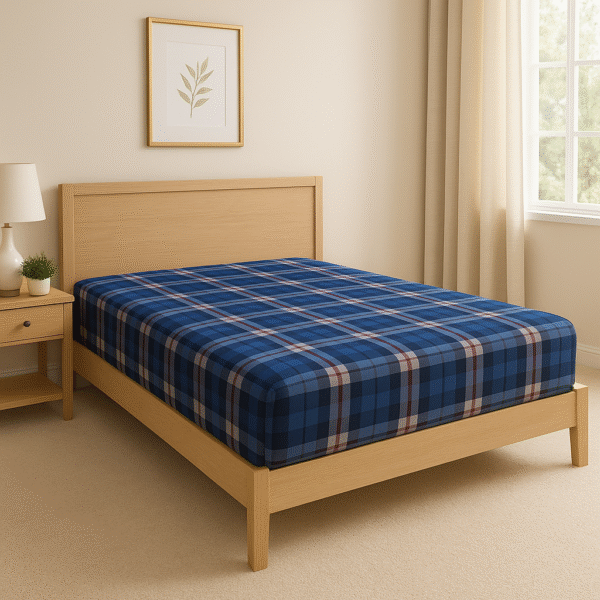 Premium Blue Checkered Fitted Mattress Cover – 100% Cotton | Soft, Durable & Stylish