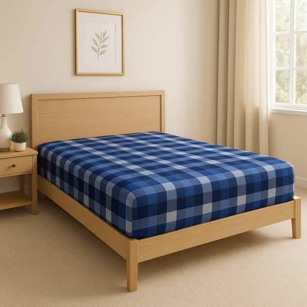Premium Blue Checkered Fitted Mattress Cover – 100% Cotton | Soft, Durable & Stylish - Image 2