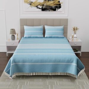 Elegant Sky Blue Striped Cotton Bedsheet Set(pack of 1 bedsheet 2 pillow cover DOUBLE BED)