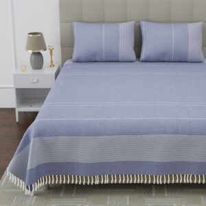Elegant Blue Cotton Bedsheet Set with Tassels – Soft & Stylish for Double Bed