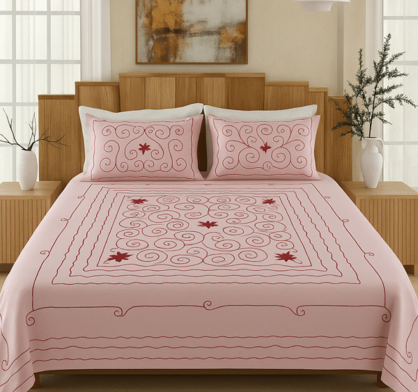 Elegant Pink Embroidered Cotton Bedsheet with Pillow Covers
