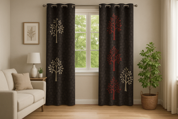 GLACE COTTON Tree Print Blackout Curtains – Elegant Eyelet Design | Light-Blocking & Stylish | Set of 2 Panels