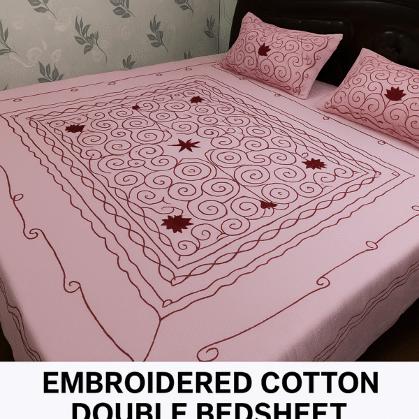 Elegant Pink Embroidered Cotton Bedsheet with Pillow Covers - Image 4