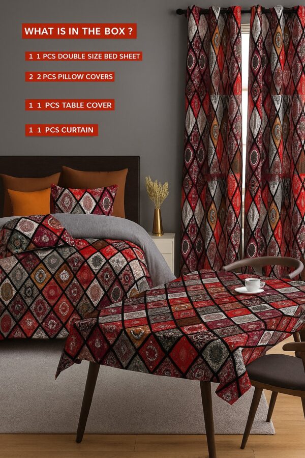 Ethnic Red & Multicolor Combo Set – GLACE COTTON Bedsheet, Pillow Covers, Curtain & Table Cover (4-in-1 Home Decor Set)
