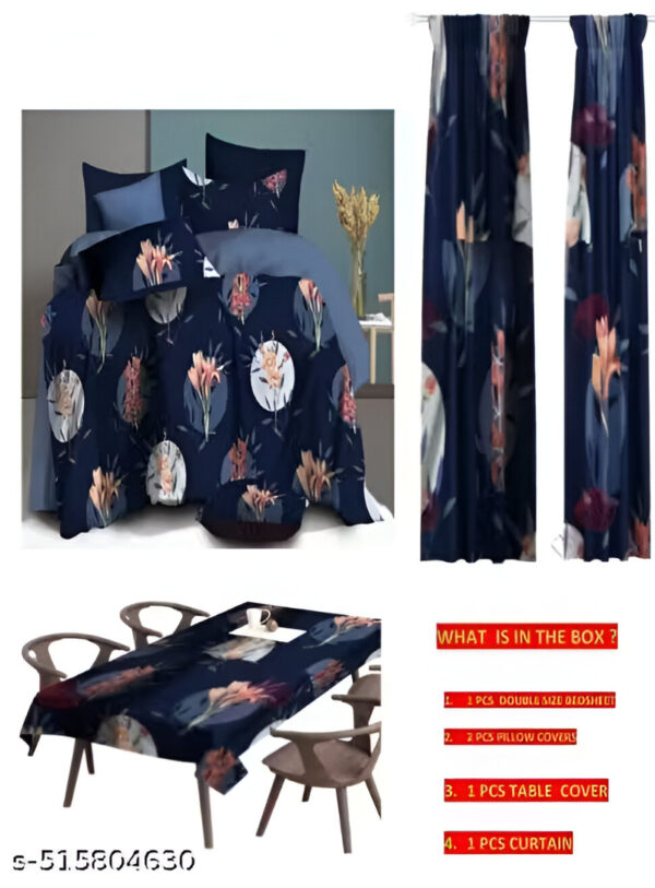Floral Navy Blue Combo Set – GLACE COTTON Bedsheet, Pillow Covers, Curtain & Table Cover (4 in 1)