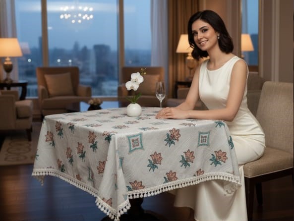 Deepmaala Textiles Presents: Pure Cotton Printed WHITE Table Cover – A Touch of Grace for Your Dining Table ( PACK OF 1 PCS ) - Image 2