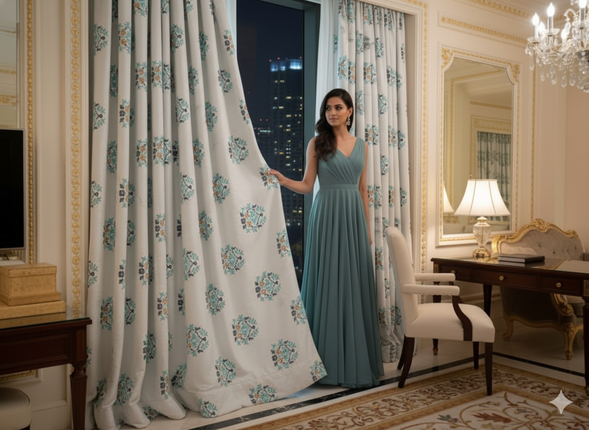 Deepmaala Textiles Presents: Elegant Floral Printed Cotton Curtains with Lace Detailing( PACK O F 1 PCS ) - Image 3