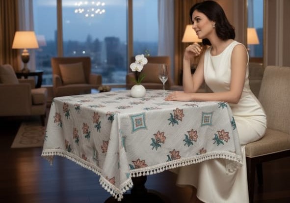 Deepmaala Textiles Presents: Pure Cotton Printed WHITE Table Cover – A Touch of Grace for Your Dining Table ( PACK OF 1 PCS ) - Image 4