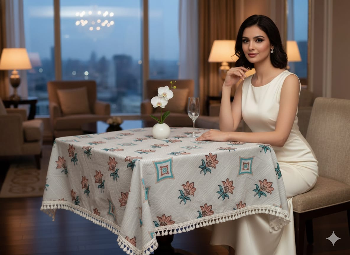 Deepmaala Textiles Presents: Pure Cotton Printed WHITE Table Cover – A Touch of Grace for Your Dining Table ( PACK OF 1 PCS )