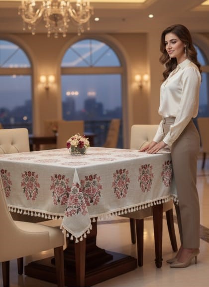Deepmaala Textiles Presents: Pure Cotton Printed WHITE Table Cover – A Touch of Grace for Your Dining Table ( PACK OF 1 PCS ) - Image 2