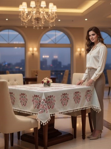 Deepmaala Textiles Presents: Pure Cotton Printed WHITE Table Cover – A Touch of Grace for Your Dining Table ( PACK OF 1 PCS ) - Image 3