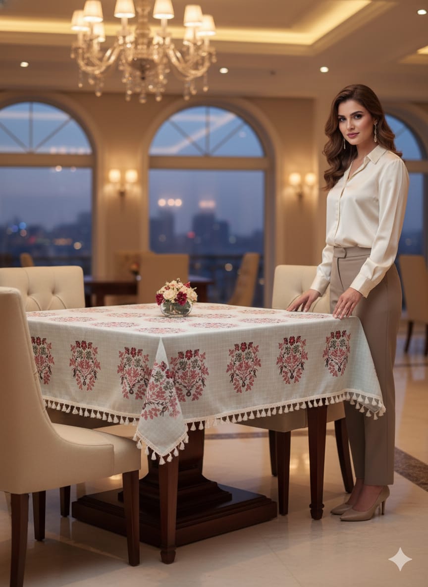 Deepmaala Textiles Presents: Pure Cotton Printed WHITE Table Cover – A Touch of Grace for Your Dining Table ( PACK OF 1 PCS )