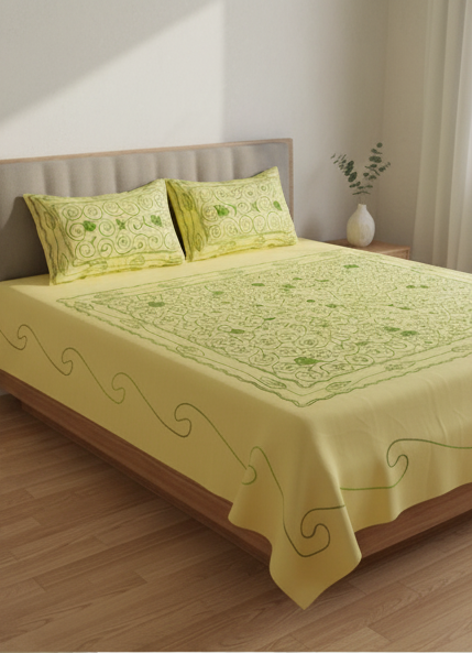 Lemon Yellow Green Embroidered Glace Cotton Double Bedsheet Set – Deepmaala Textiles - Image 2