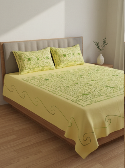 Lemon Yellow Green Embroidered Glace Cotton Double Bedsheet Set – Deepmaala Textiles - Image 4