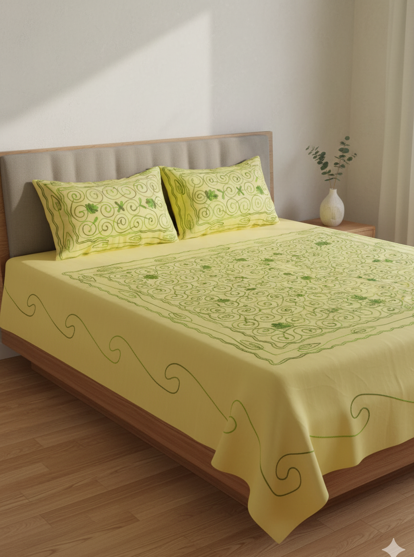 Lemon Yellow Green Embroidered Glace Cotton Double Bedsheet Set – Deepmaala Textiles
