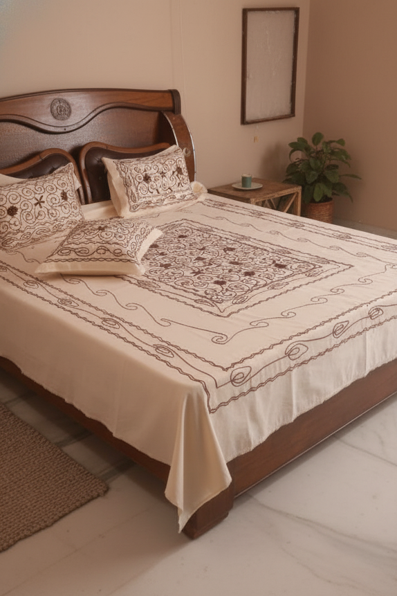 Cream & Brown Embroidered Glace Cotton Double Bedsheet Set – Deepmaala Textiles - Image 2