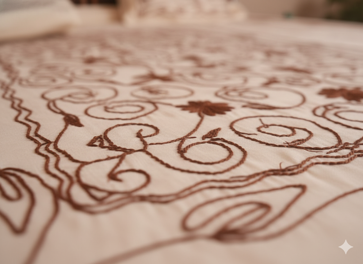 Cream & Brown Embroidered Glace Cotton Double Bedsheet Set – Deepmaala Textiles - Image 3