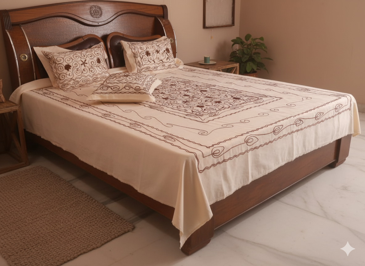 Cream & Brown Embroidered Glace Cotton Double Bedsheet Set – Deepmaala Textiles - Image 4