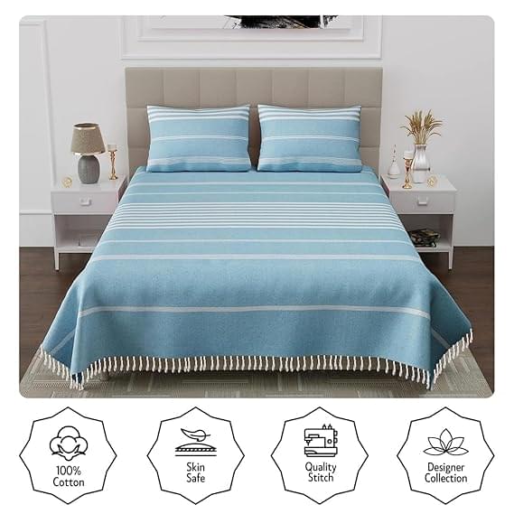 Elegant Sky Blue Striped Cotton Bedsheet Set(pack of 1 bedsheet 2 pillow cover DOUBLE BED) - Image 4