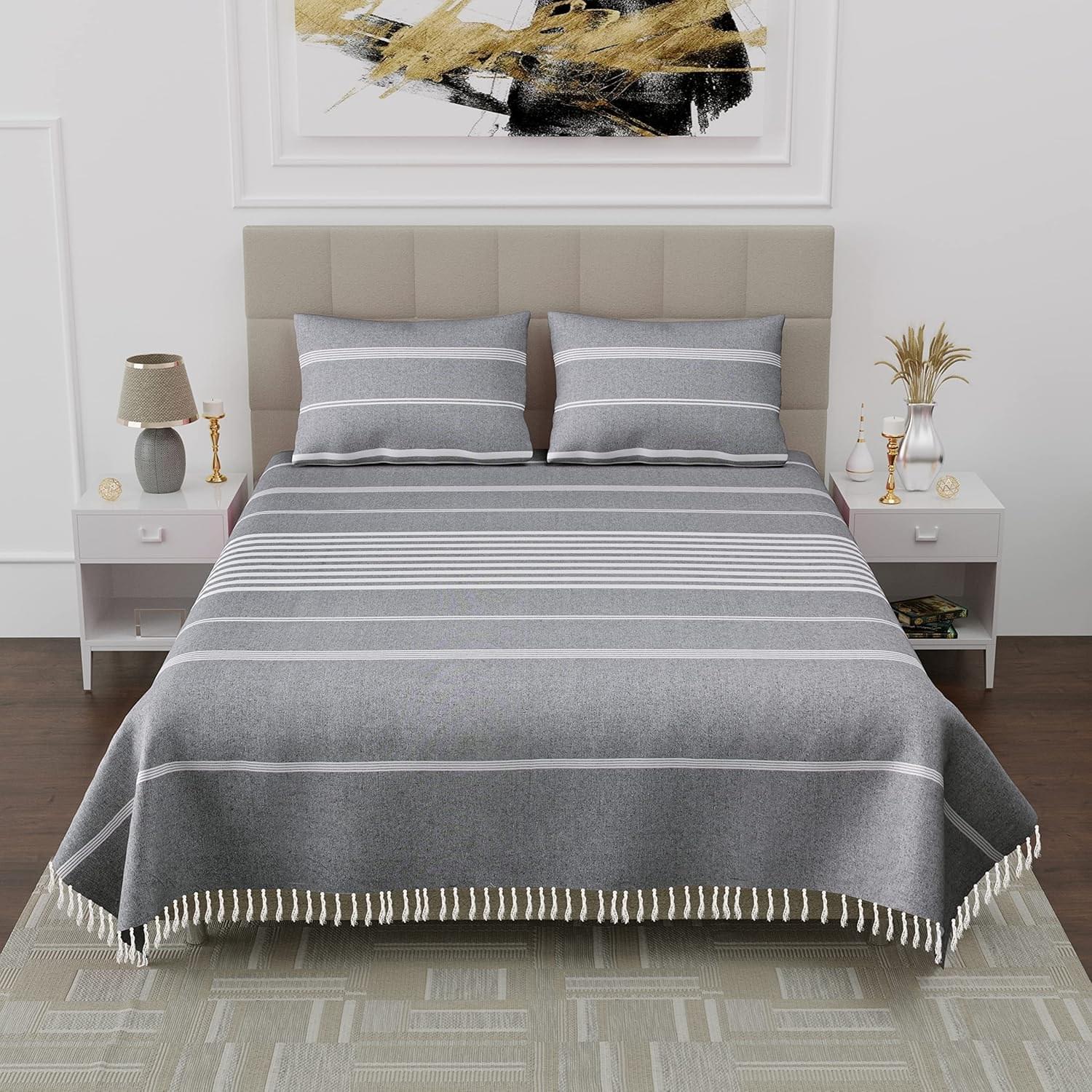 FANCY COTTON TASSLE DOUBLE BEDSHEET ( PACK OF 1  BEDSHEET , 2 PILLOW COVERS )