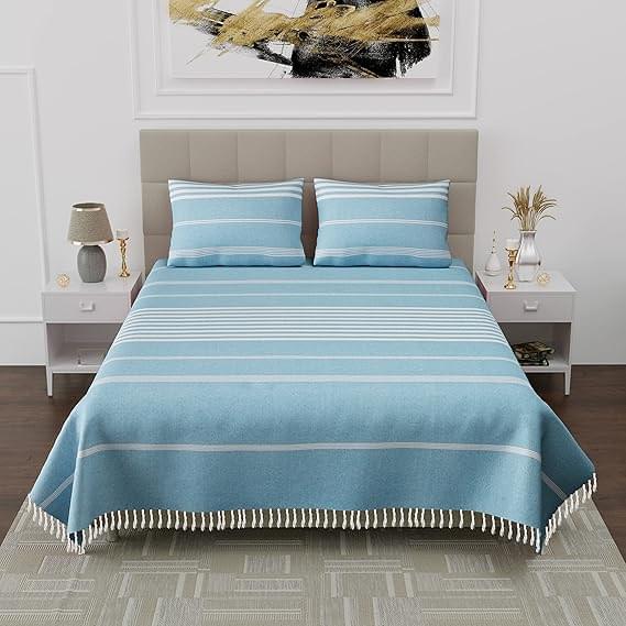 Elegant Sky Blue Striped Cotton Bedsheet Set(pack of 1 bedsheet 2 pillow cover DOUBLE BED)