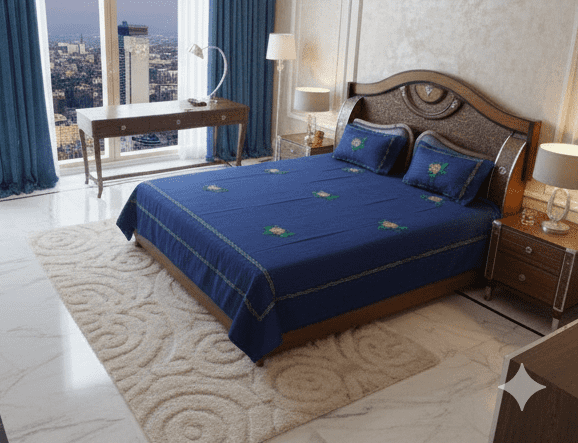 Premium Navy Blue Glace Cotton Embroidered Double Bedsheet | Royal Luxury Collection by Deepmaala Textiles