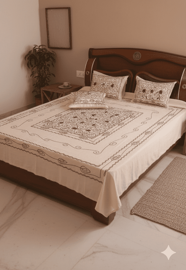Cream & Brown Embroidered Glace Cotton Double Bedsheet Set – Deepmaala Textiles